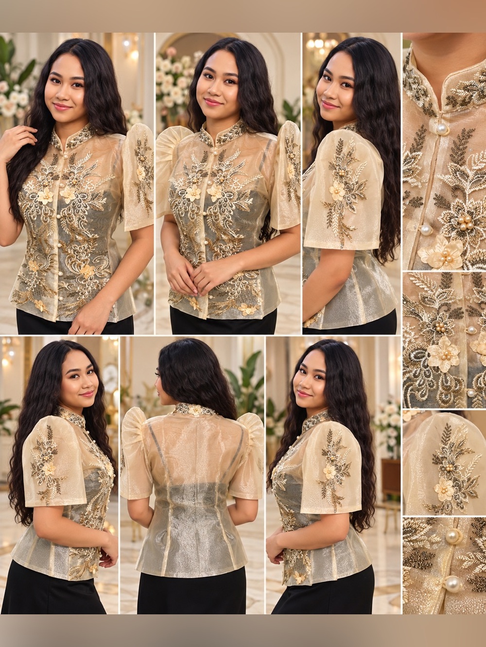 Elegant Pina Organza Filipiniana Blouse – Gold & Silver Embroidered Style